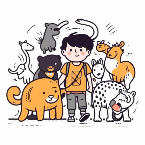 Cute boy with a dog and animals in cartoon style.