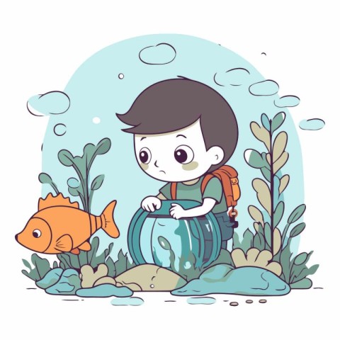 Cute little boy playing in the aquarium. Vector hand drawn illus