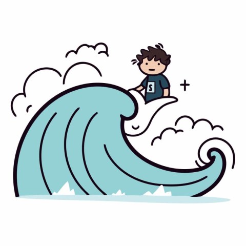 Cartoon surfer on a wave on white background.