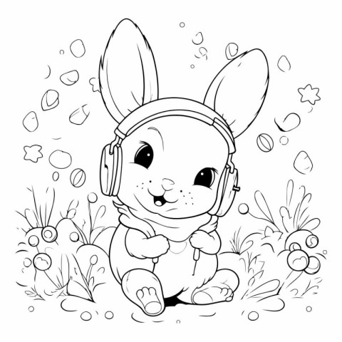 Cute cartoon bunny in headphones for coloring book.