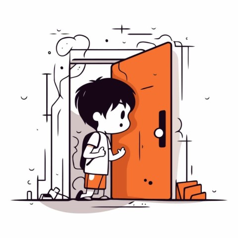 Cartoon boy standing in front of the door.