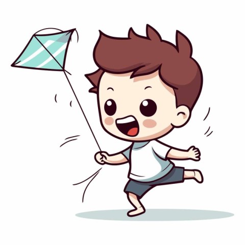 Boy playing with kite cartoon vector illustration. Kid playing w