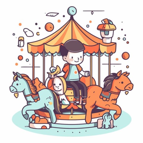 Vector illustration of a boy riding a horse on a merry-go-round