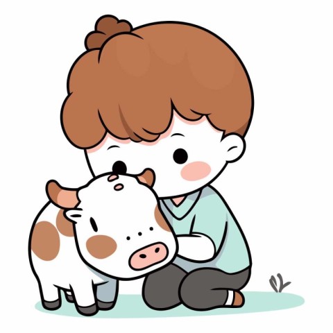 Illustration of a Cute Little Boy Hugging a Calf