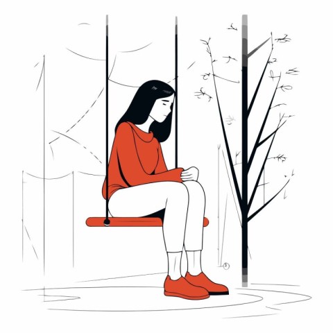 Sad girl sitting on a swing in the park.