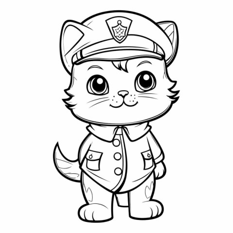 Black and White Cartoon Illustration of Cute Cat Police Officer