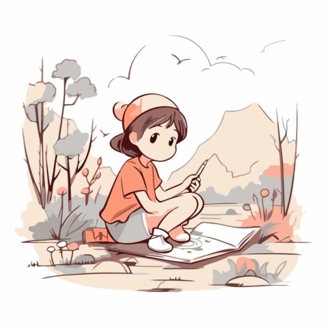 Little girl sitting on the ground and drawing in the park