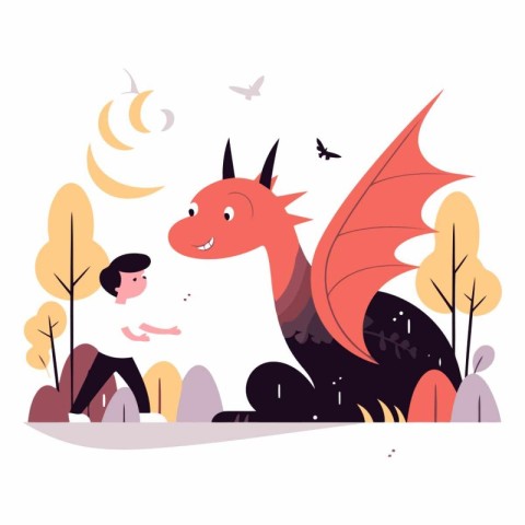 Vector illustration of a cute dragon with a boy in the forest.