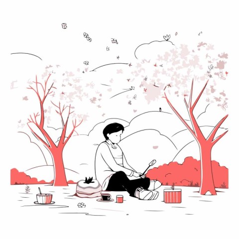 Illustration of a young man sitting on the ground in the park.