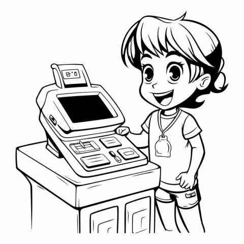 Boy using cash register - black and white vector illustration fo