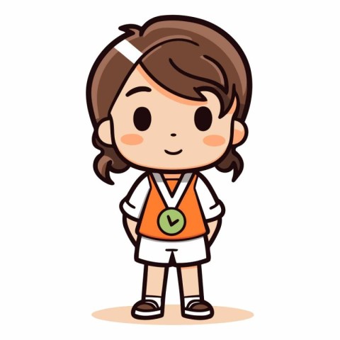 Cute Kid Girl with Medal - School Education Cartoon Vector Illus