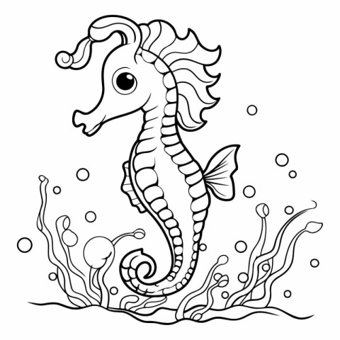 Coloring book for children: seahorse in the sea.