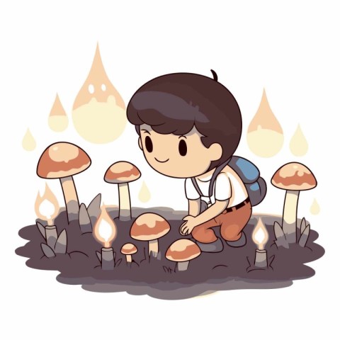 Boy picking mushrooms in the forest illustration. Cartoon style.