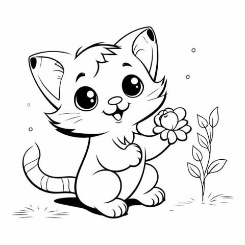 Cute cartoon cat with flowers. Coloring book for children.