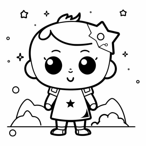 Black and White Cartoon Illustration of Cute Little Boy Characte