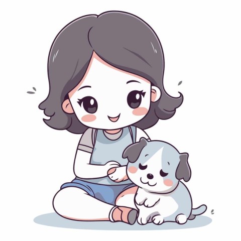 Cute little girl playing with her dog in cartoon style.