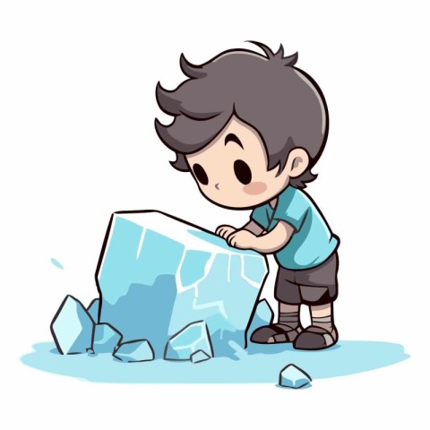 Little boy is trying to break an ice block.