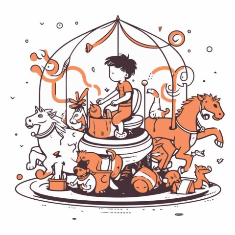 Vector illustration of a little boy playing on a carousel with h