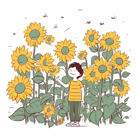 Cute little boy standing in sunflower field.