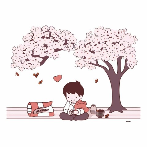 Cute little boy sitting under blooming cherry tree.