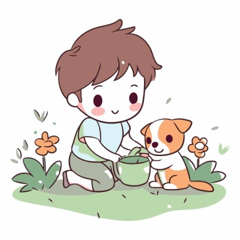 Boy and dog in the garden. Cute cartoon vector illustration.