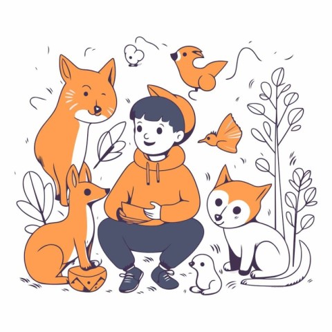 Vector illustration of a little boy sitting with foxes and birds