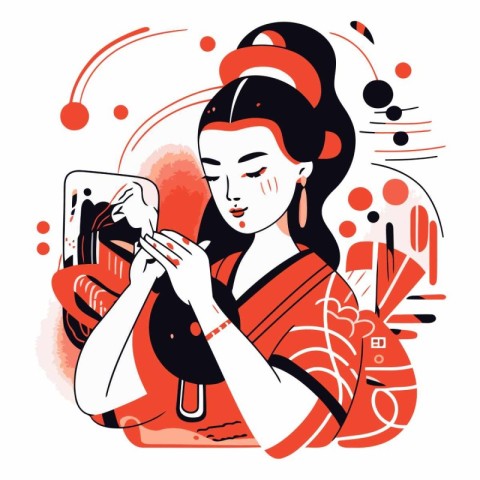 Vector illustration of Asian woman applying makeup on her face w