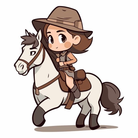 Cowboy girl riding a horse on white background.