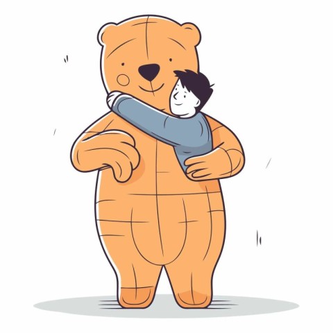 Little boy hugging a big bear in cartoon style.