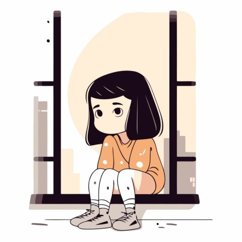 Little sad girl sitting near the window in cartoon style