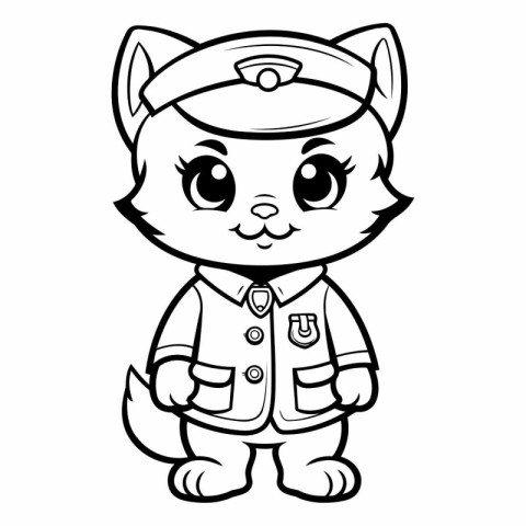 Black and White Cartoon Illustration of Cute Cat Captain Animal