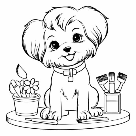 Black and white illustration of a cute dog with a brush and a ja