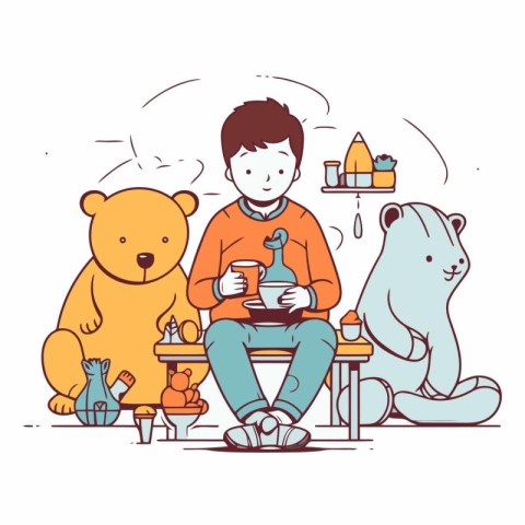 Boy sitting with a cup of tea and a bear