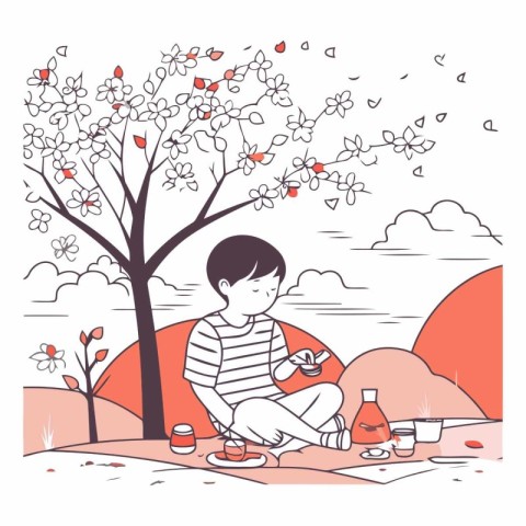 Vector illustration of a young man sitting in the park and drink