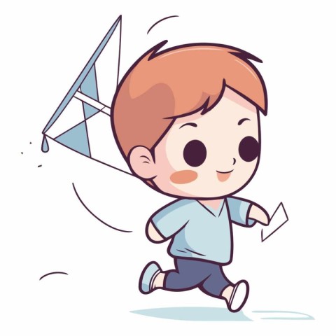 Boy flying kite vector illustration. Cute cartoon boy flying kit