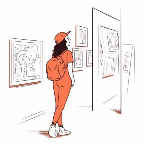 Vector illustration of a woman looking at artworks in the galler