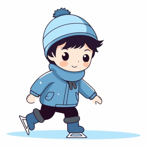 Cute boy in winter clothes skating on ice.