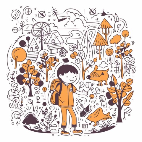 Vector hand drawn illustration of a little boy with a backpack i