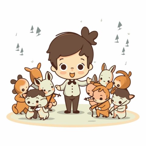 Cute little boy with a group of dogs.