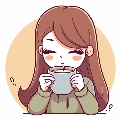 Illustration of a Cute Girl Drinking Tea from a Cup.