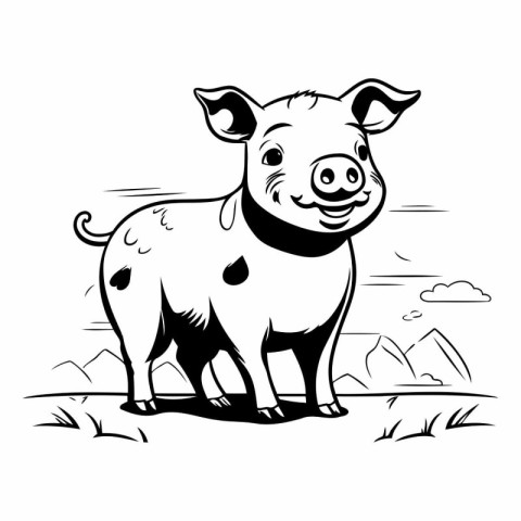 Vector illustration of a pig on the farm. Black and white.