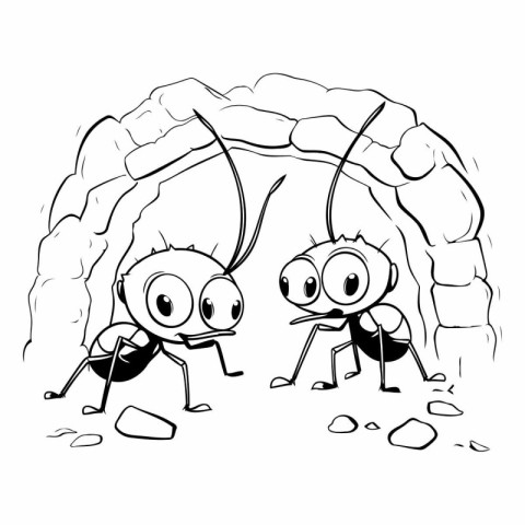 Ants and worm - black and white vector illustration for coloring