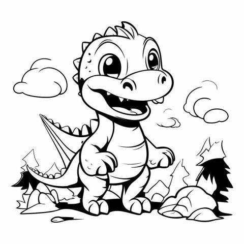 Cute Dinosaur - Black and White Cartoon Illustration for Colorin