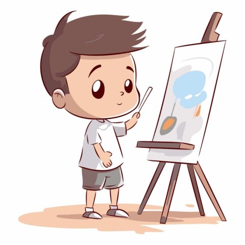 Boy painting a picture on easel in cartoon style