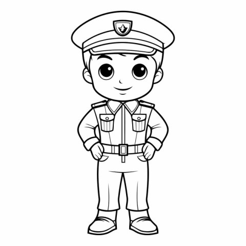 Vector illustration of a boy in a police uniform. Coloring book