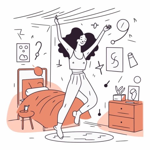 Happy young woman jumping on the bed in the bedroom.