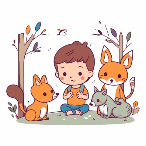 Cute little boy playing with animals in cartoon style.