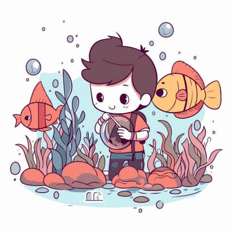 Cute boy and fish in the sea in cartoon style.