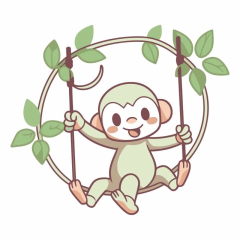 cute monkey on a swing with leaves cartoon vector illustration g