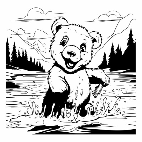 Black and White Cartoon Illustration of Bear in the Forest or La